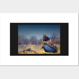 Senior rural woman burning fallen leaves Posters and Art